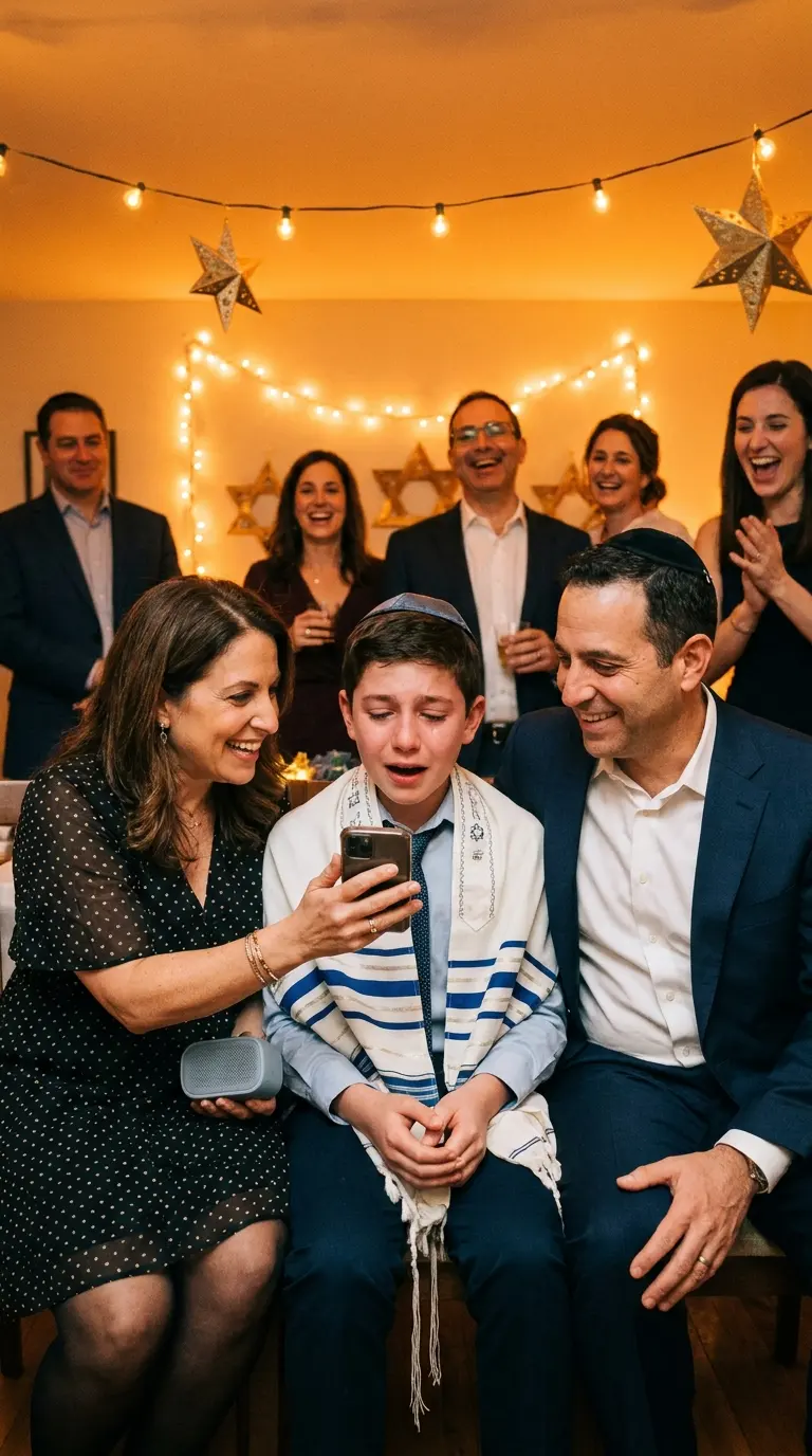 Garçon de Bar Mitzvah avec ses parents découvrant une chanson personnalisée
