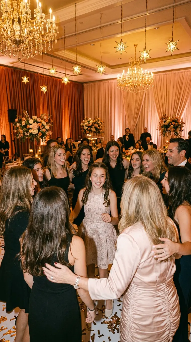 Jeune fille qui danse avec ses amies pendant une Bat Mitzvah