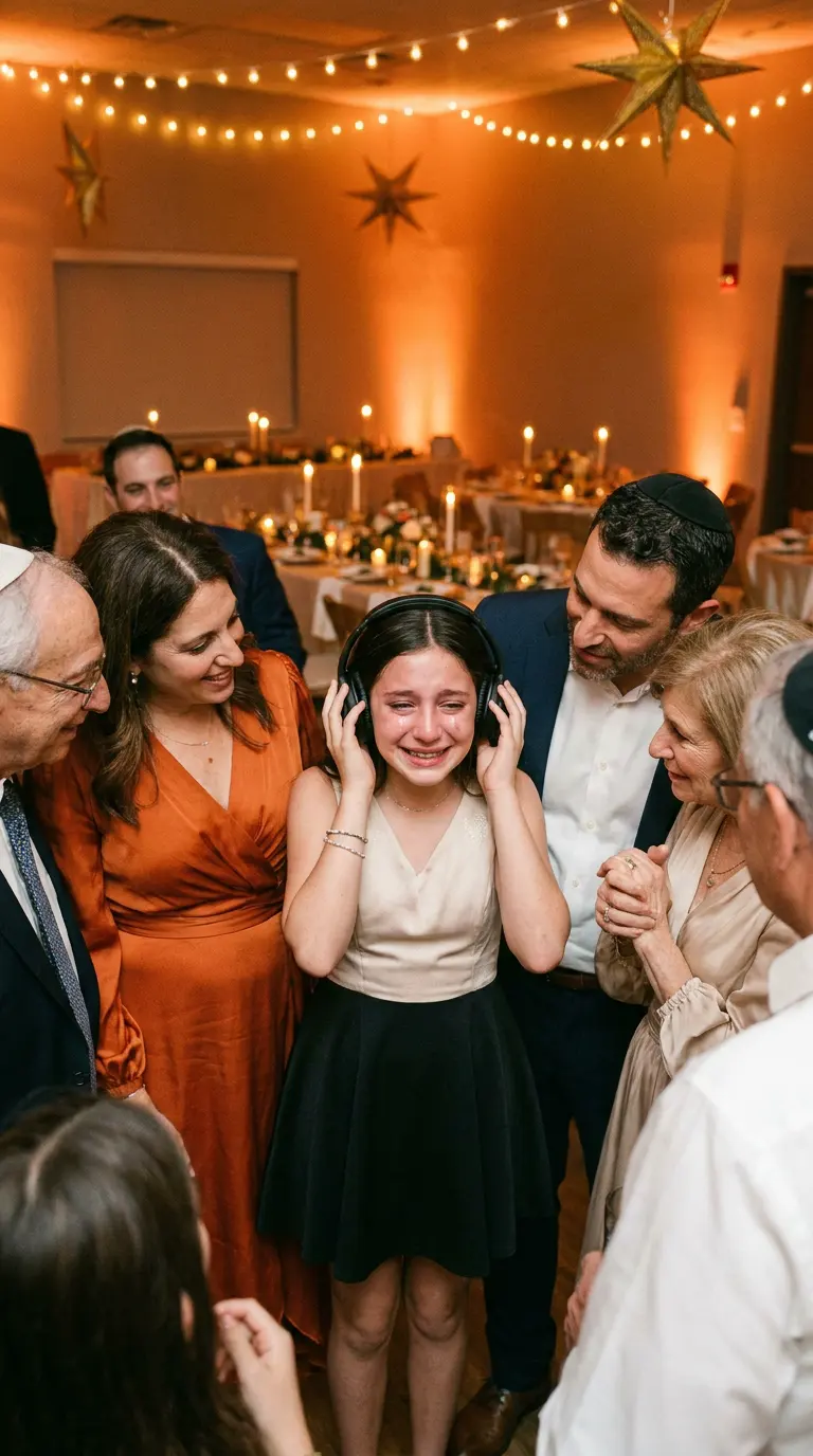 Jeune fille de Bat Mitzvah qui écoute une chanson personnalisée avec sa famille