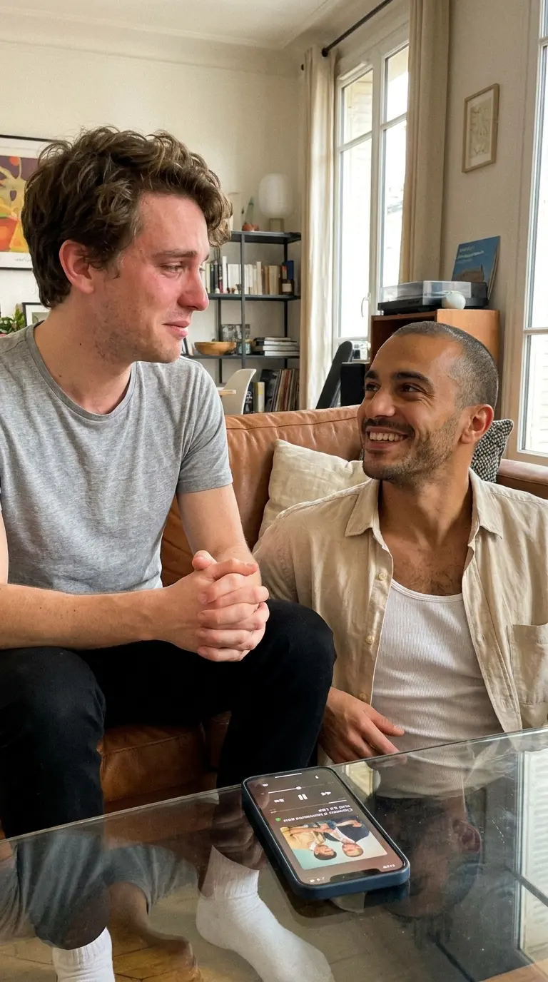 Couple d’hommes ému en écoutant une chanson personnalisée