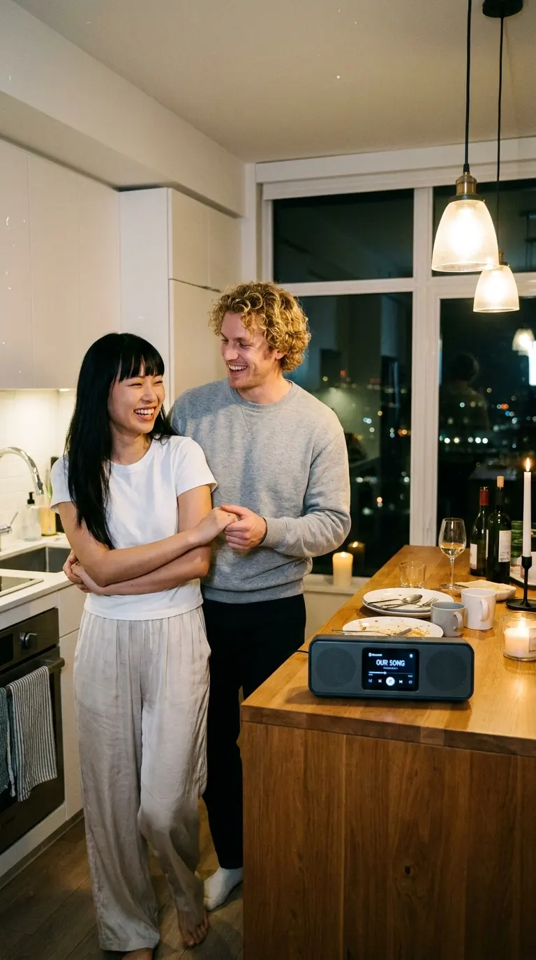 Couple qui danse dans une cuisine en écoutant une chanson personnalisée