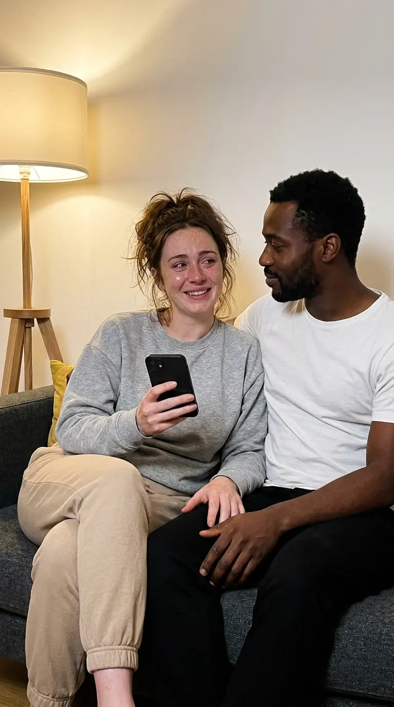 Couple ému qui écoute une chanson personnalisée sur un canapé