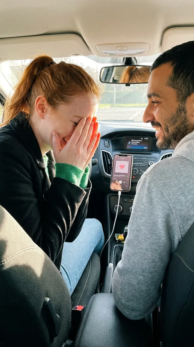 Couple qui écoute une chanson personnalisée dans une voiture