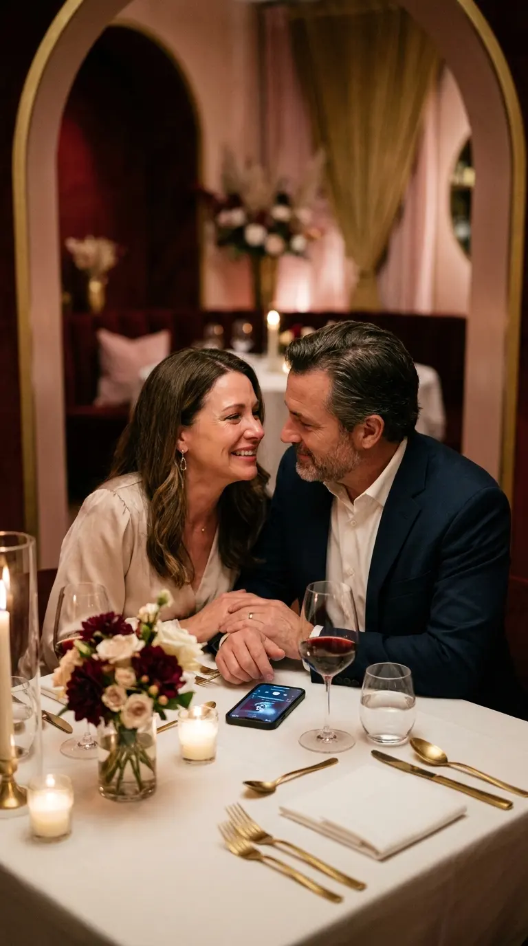 Dîner romantique avec un téléphone posé sur la table pour écouter une chanson