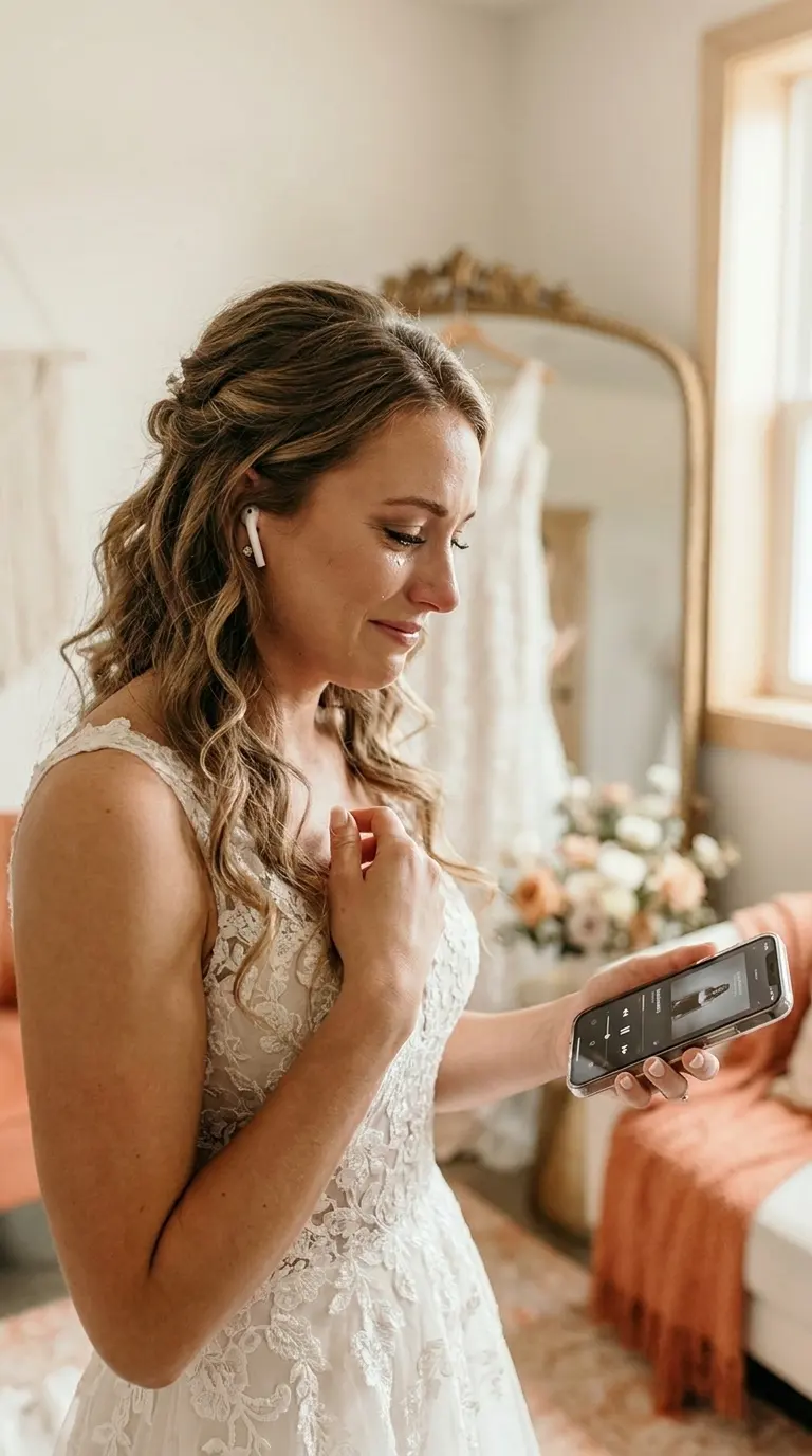 Femme qui écoute une chanson personnalisée avant son mariage