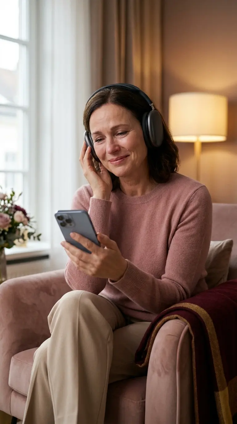 Femme émue qui écoute une chanson personnalisée piano offerte en cadeau