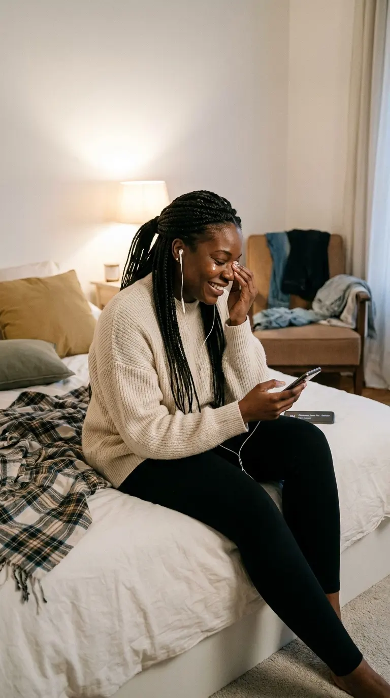 Femme émue qui écoute une chanson personnalisée avec des écouteurs