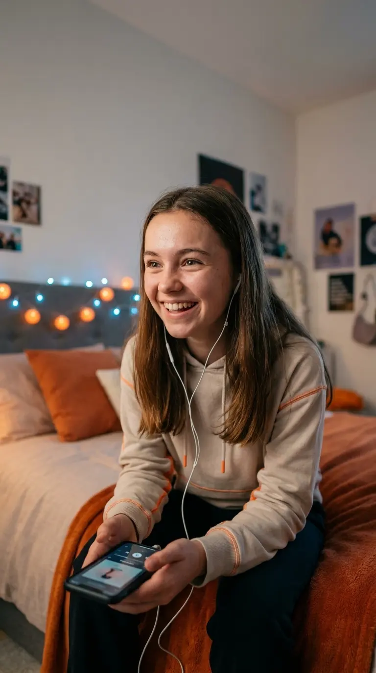 Adolescente heureuse en écoutant une chanson K-pop personnalisée