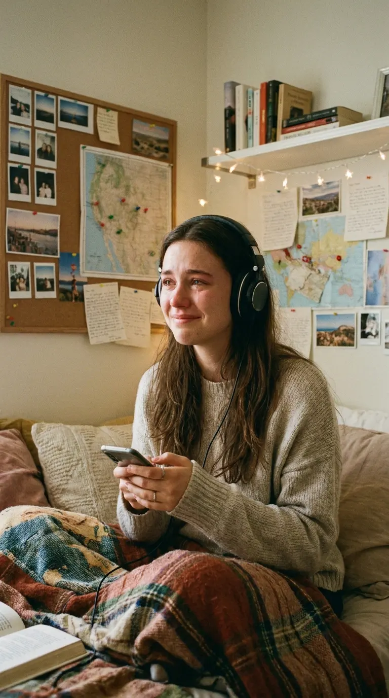 Jeune femme qui écoute une chanson personnalisée au lit pour une amitié à distance