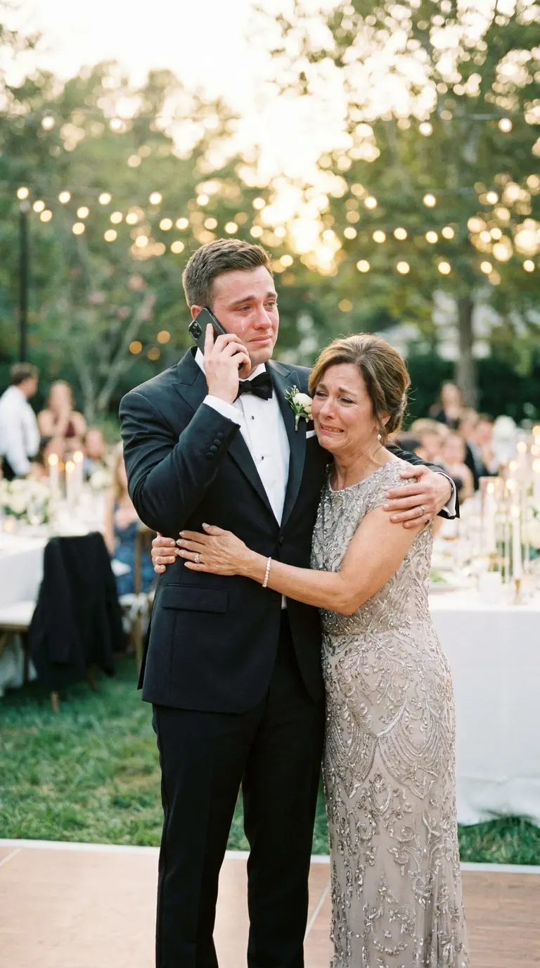 Fils en costume de mariage qui écoute une chanson personnalisée avec sa mère