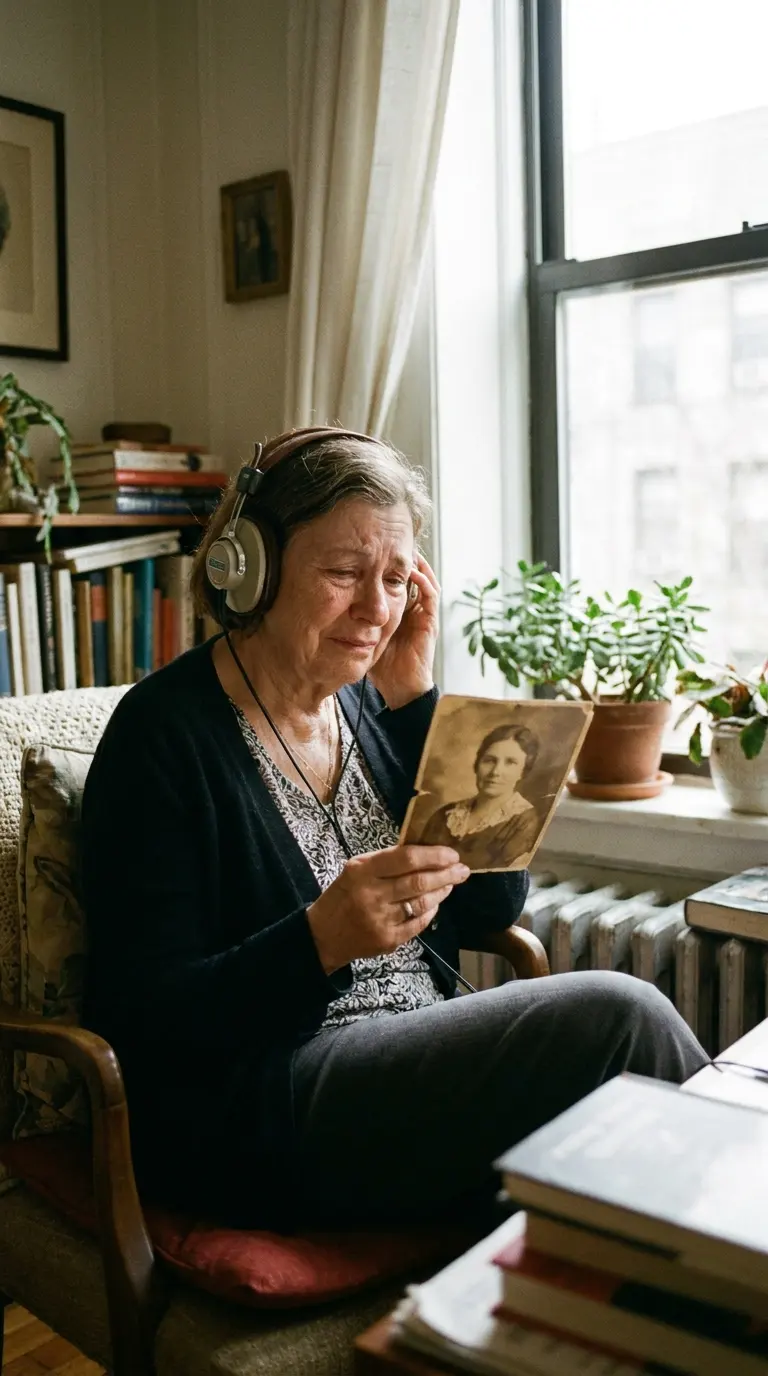 Femme âgée qui écoute une chanson souvenir au casque