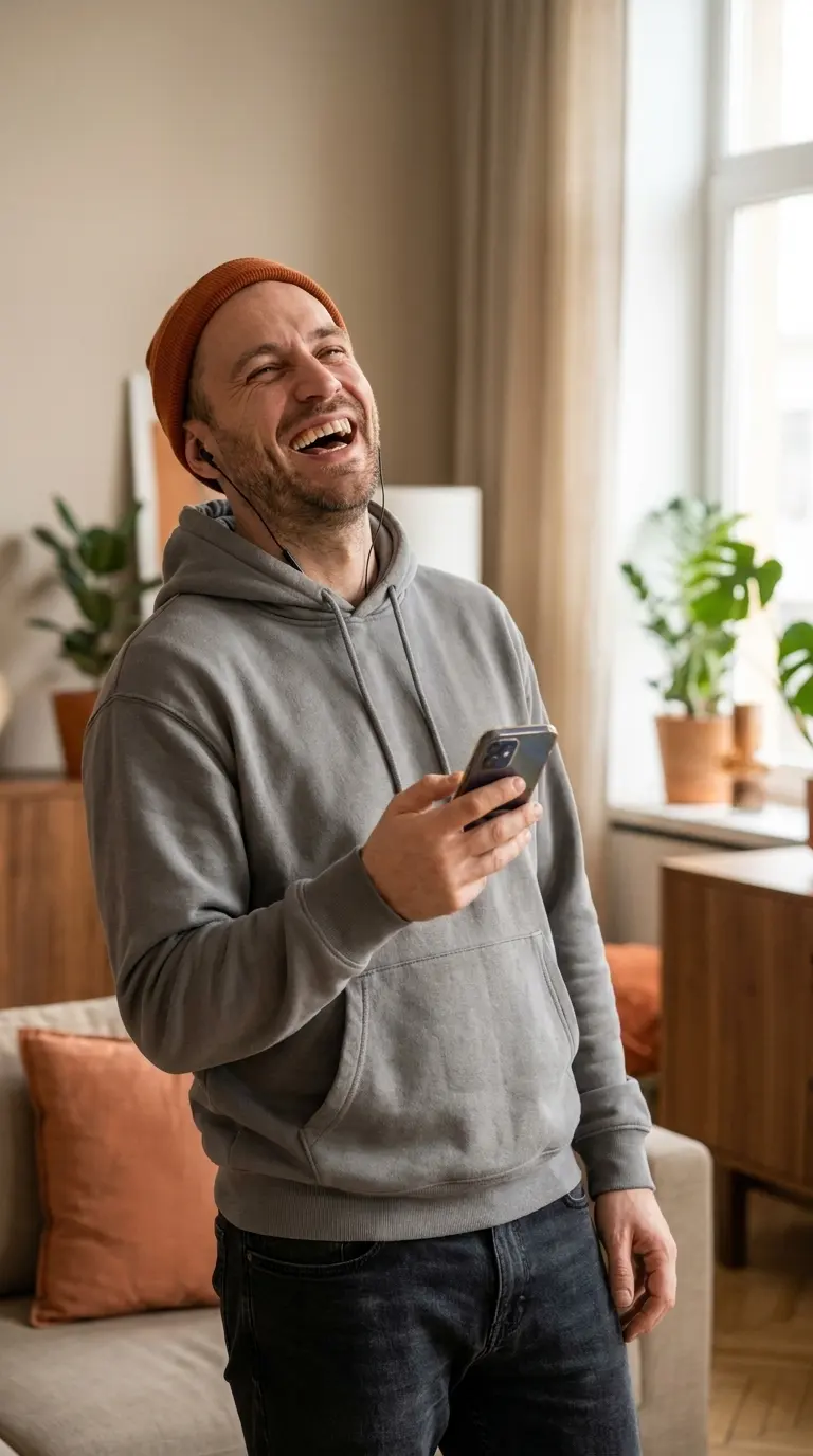 Homme qui sourit en écoutant une chanson personnalisée offerte par son frère