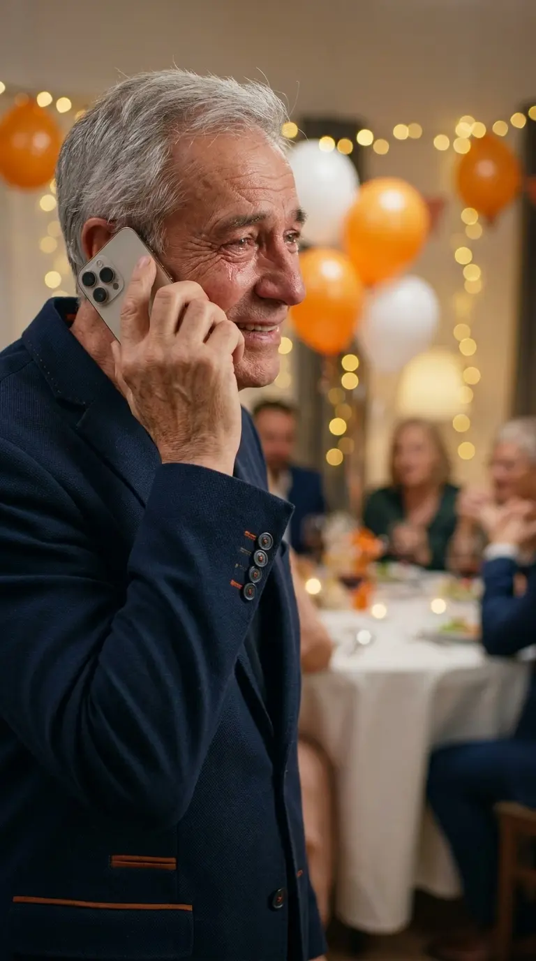 Homme ému pendant une fête de départ en retraite en écoutant une chanson