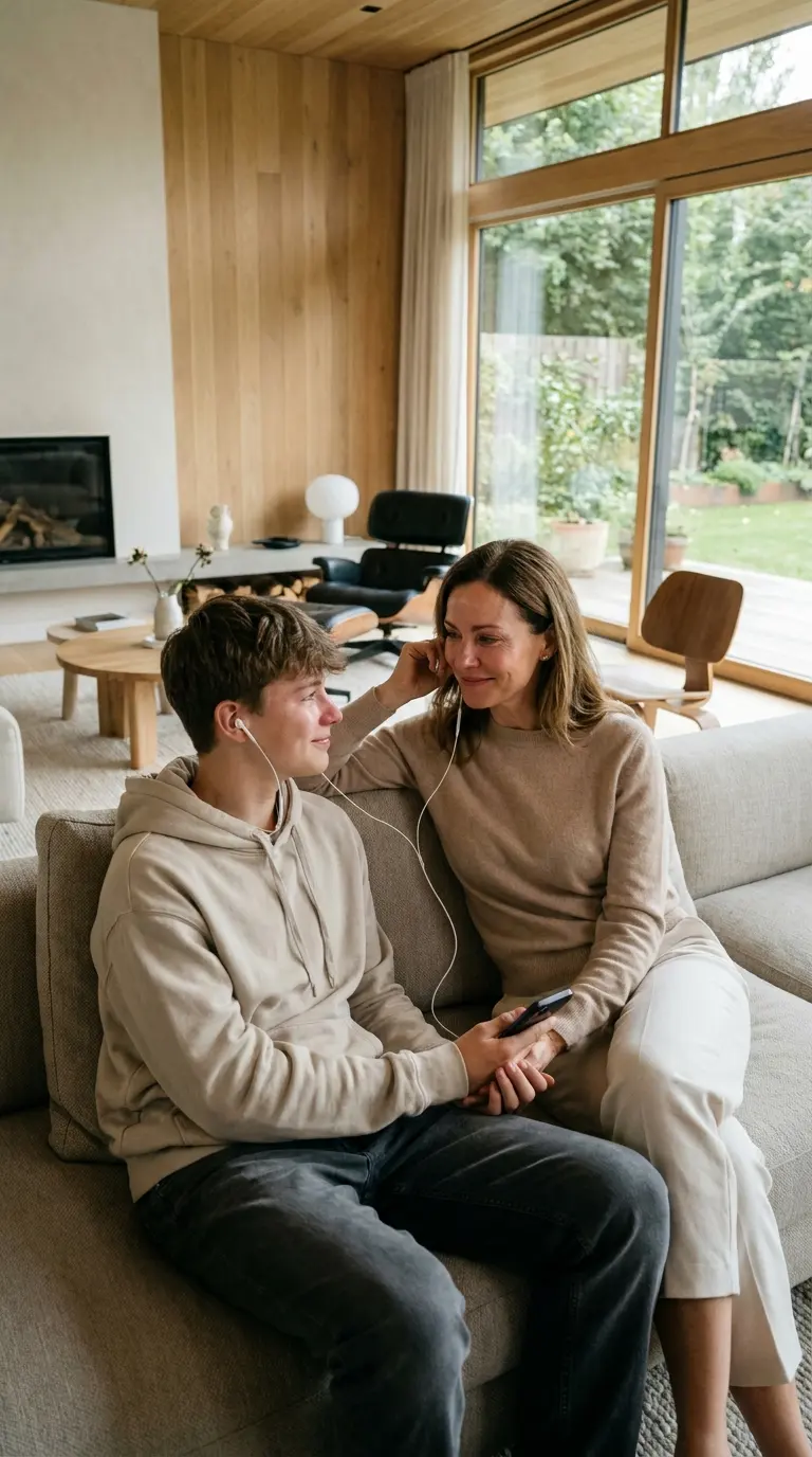 Maman et fils qui écoutent une chanson personnalisée sur un téléphone
