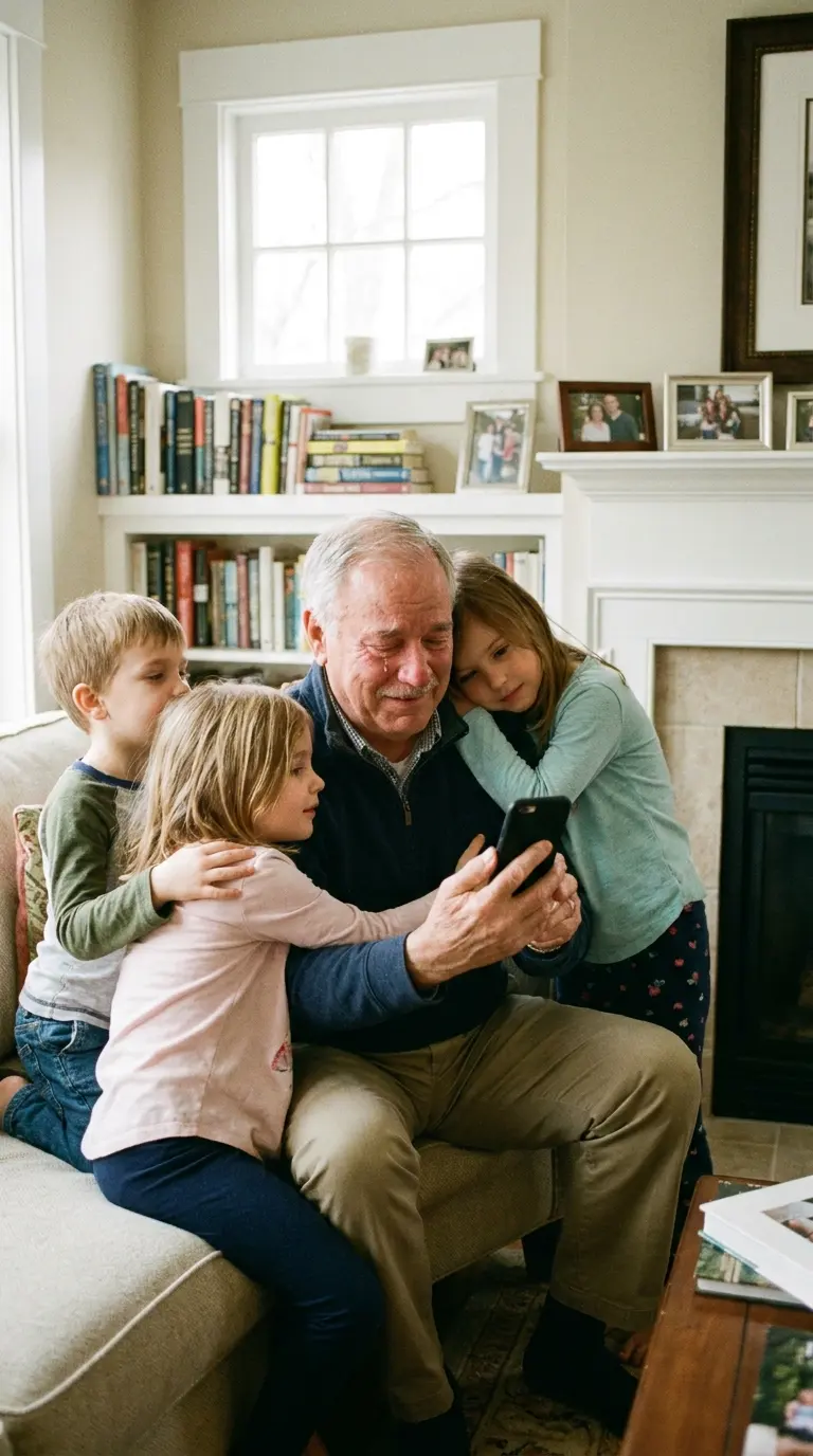 Grand-père qui écoute une chanson personnalisée avec un petit-enfant
