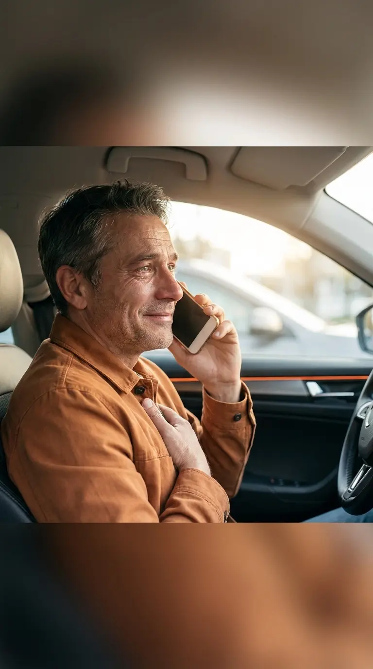Père ému dans sa voiture en écoutant une chanson personnalisée