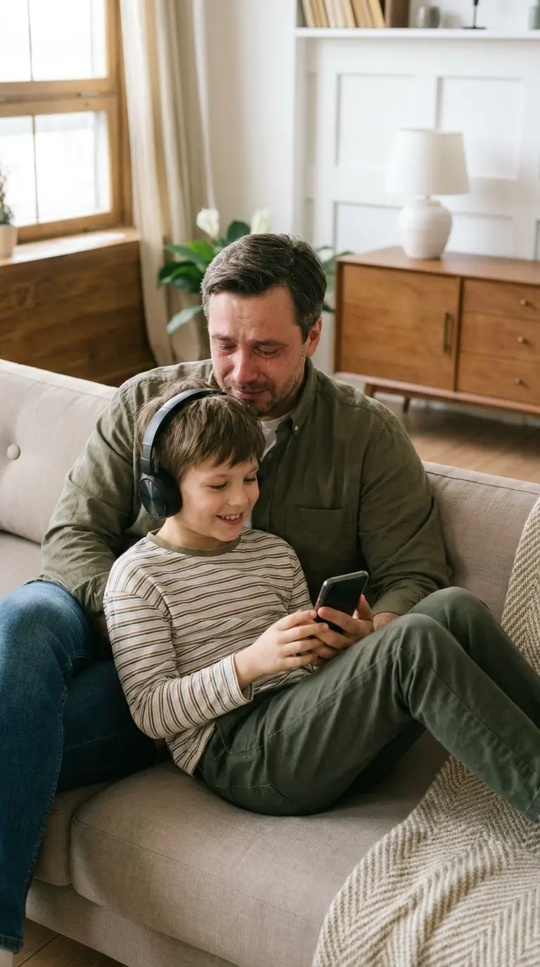 Homme ému avec un enfant qui écoute une chanson personnalisée